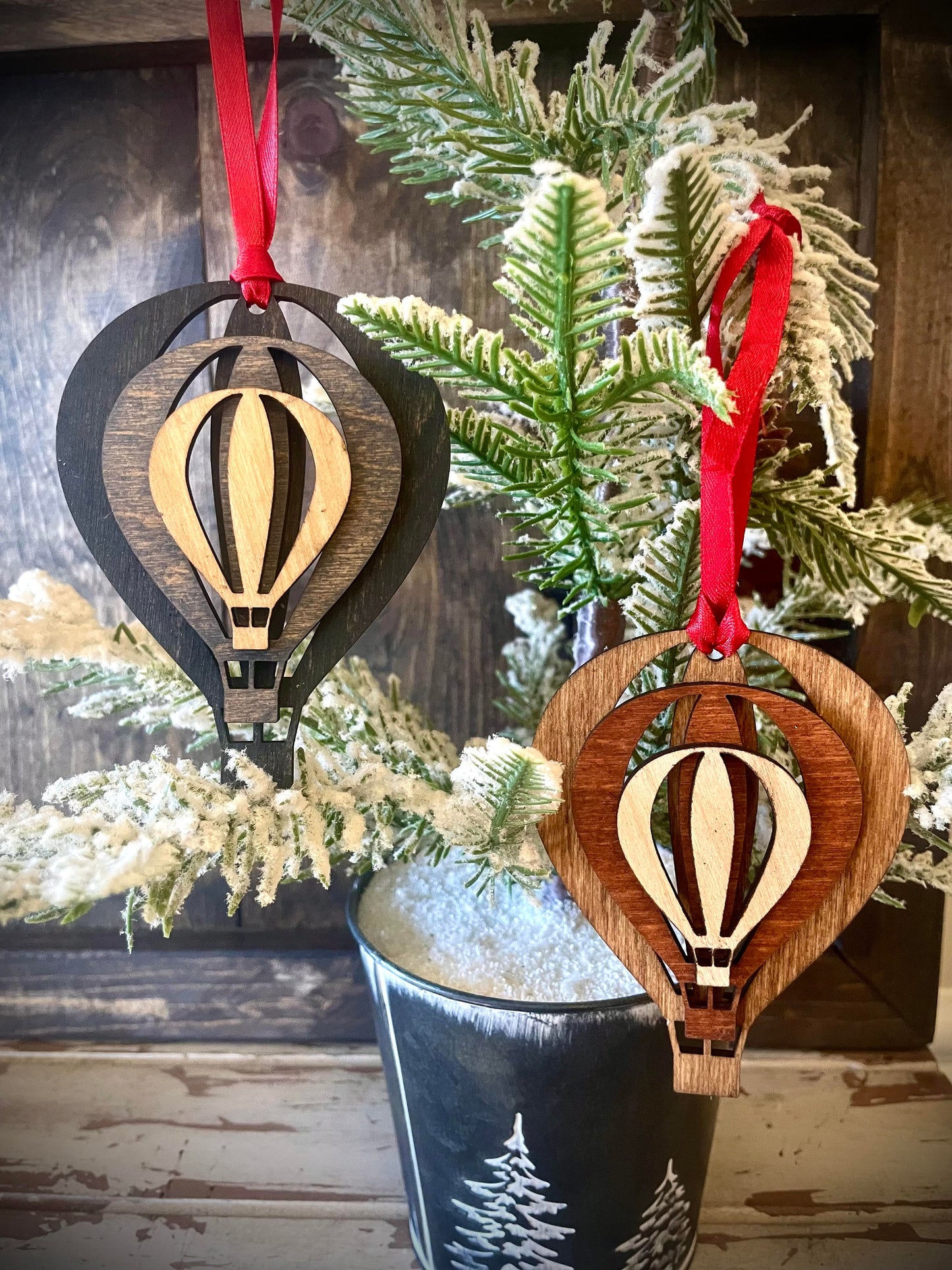 Stacked Hot Air Balloon Wood Ornament & Gift Tag | Brown & Gray Tones | Unique Christmas Gift