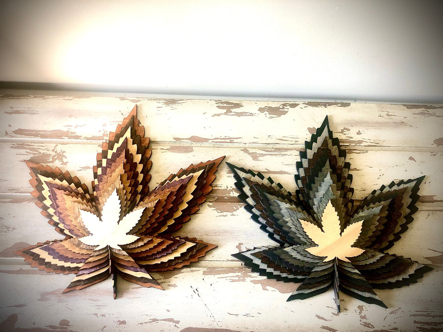 Stacked Cannabis Leaves 3D Wood Table & Wall Art | Multi-Color