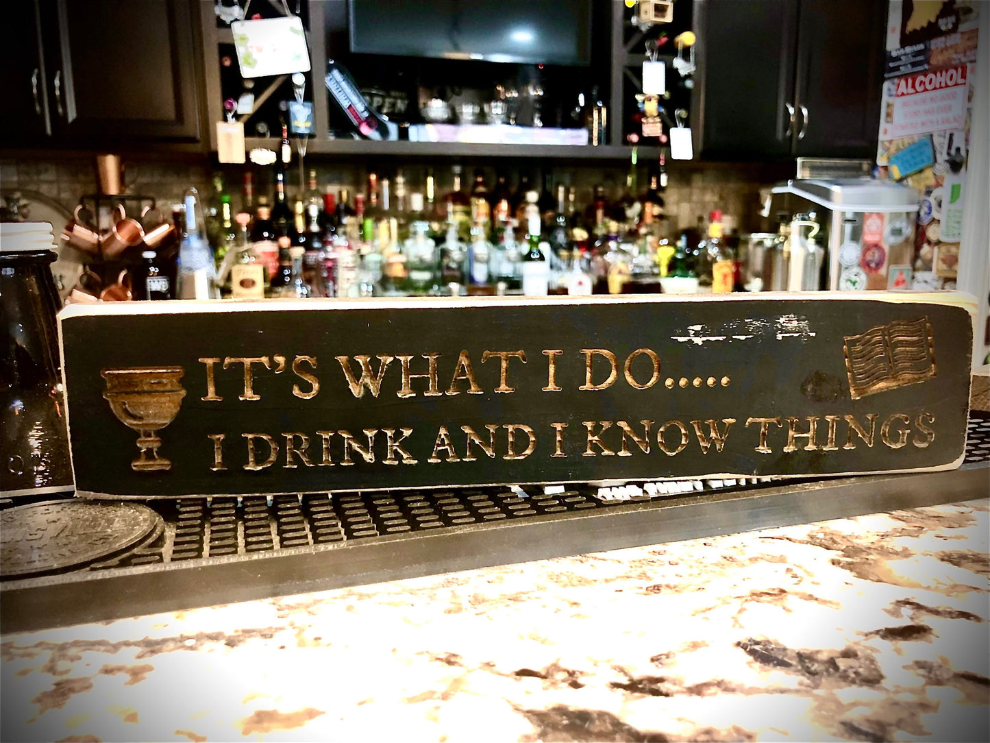 Funny Wood Bar Sign | "I Drink and I Know Things" | Bar & Man Cave Decor
