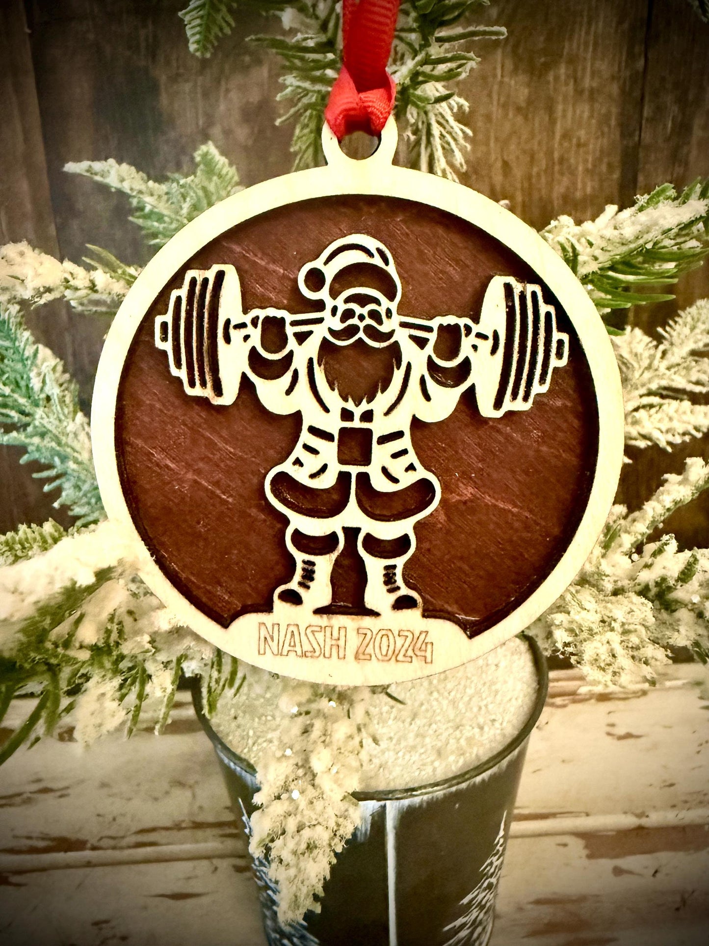 Santa Weightlifting Personalized 2-Layer Wood Christmas Ornament & Gift Tag | Multiple Finishes | Weightlifting Gift