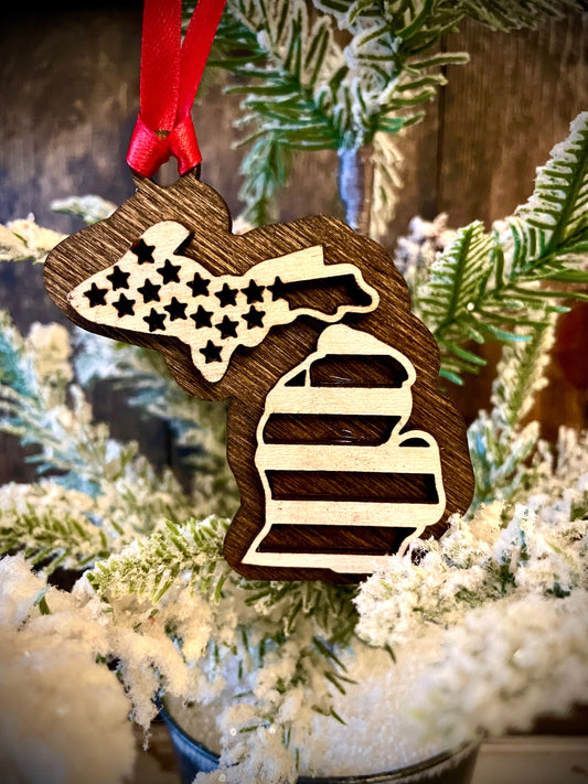 Michigan US Flag Wood Ornament & Gift Tag | 12 Finishes | Patriotic Gift