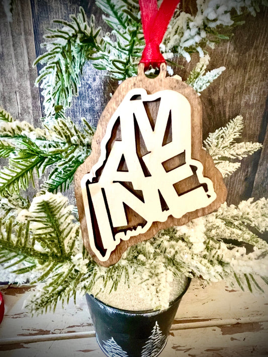 Maine Word Art Wood Ornament & Gift Tag | 12 Finishes | State Pride Gift