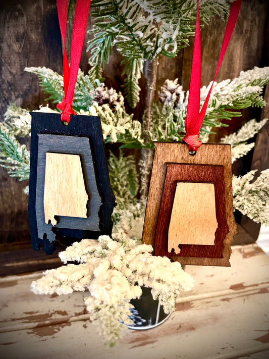 Alabama 3-Layer Stacked Wood Ornament & Gift Tag | Brown & Gray Tones | State Pride Gift
