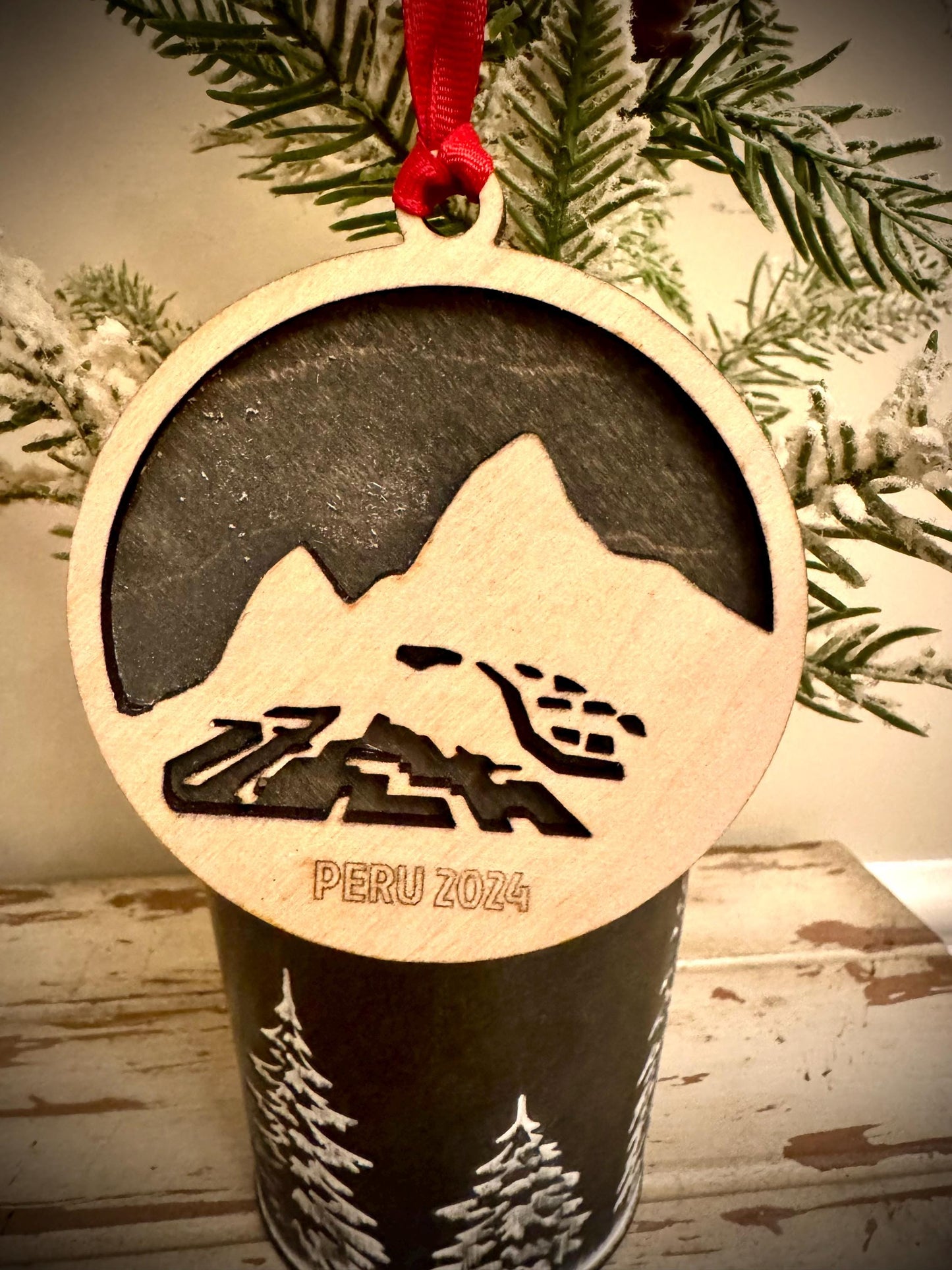 Machu Picchu Incan Citadel Personalized 2-Layer Wood Christmas Ornament & Gift Tag | Multiple Finishes | Travel Gift