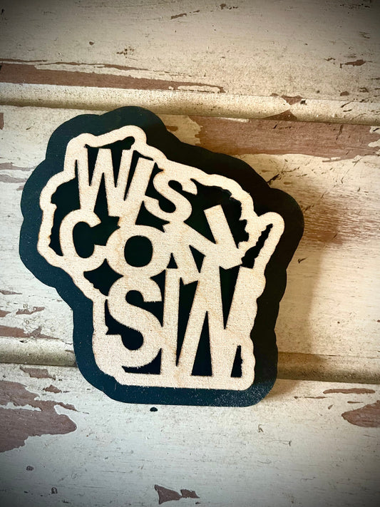 Wisconsin Word Art 2-Layer Wood Refrigerator Magnet | 12 Finishes | State Pride Gift