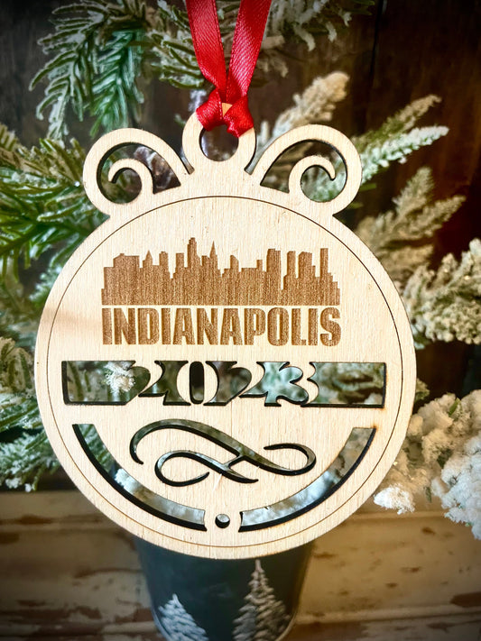 Indianapolis Skyline Wood Ornament | Choice of Year | 4" x 4.75" | Travel Souvenir Gift