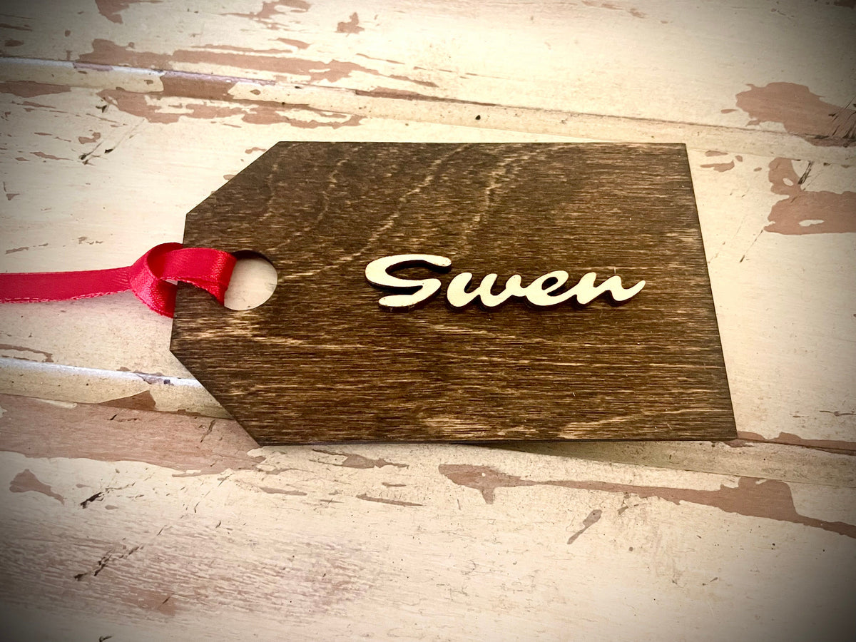 Personalized Laser Cut Wood Stocking Tag & Gift Tag Ornament | Name & Ribbon | 12 Finishes
