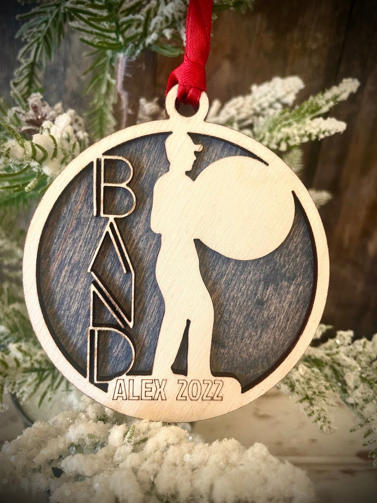 Marching Band Bass Drum Player Personalized 2-Layer Wood Christmas Ornament & Gift Tag | Multiple Finishes | Music Gift (#12)