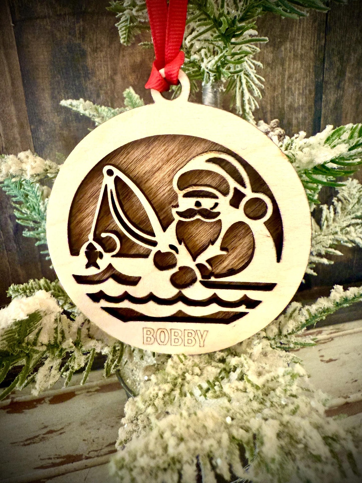 Santa Fishing Personalized 2-Layer Wood Christmas Ornament & Gift Tag | Multiple Finishes | Fishing Gift
