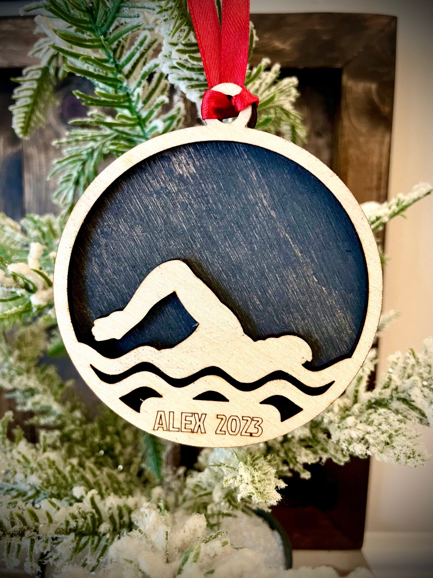Swimming Personalized 2-Layer Wood Christmas Ornament & Gift Tag | Multiple Finishes | Sports Gift (#3)