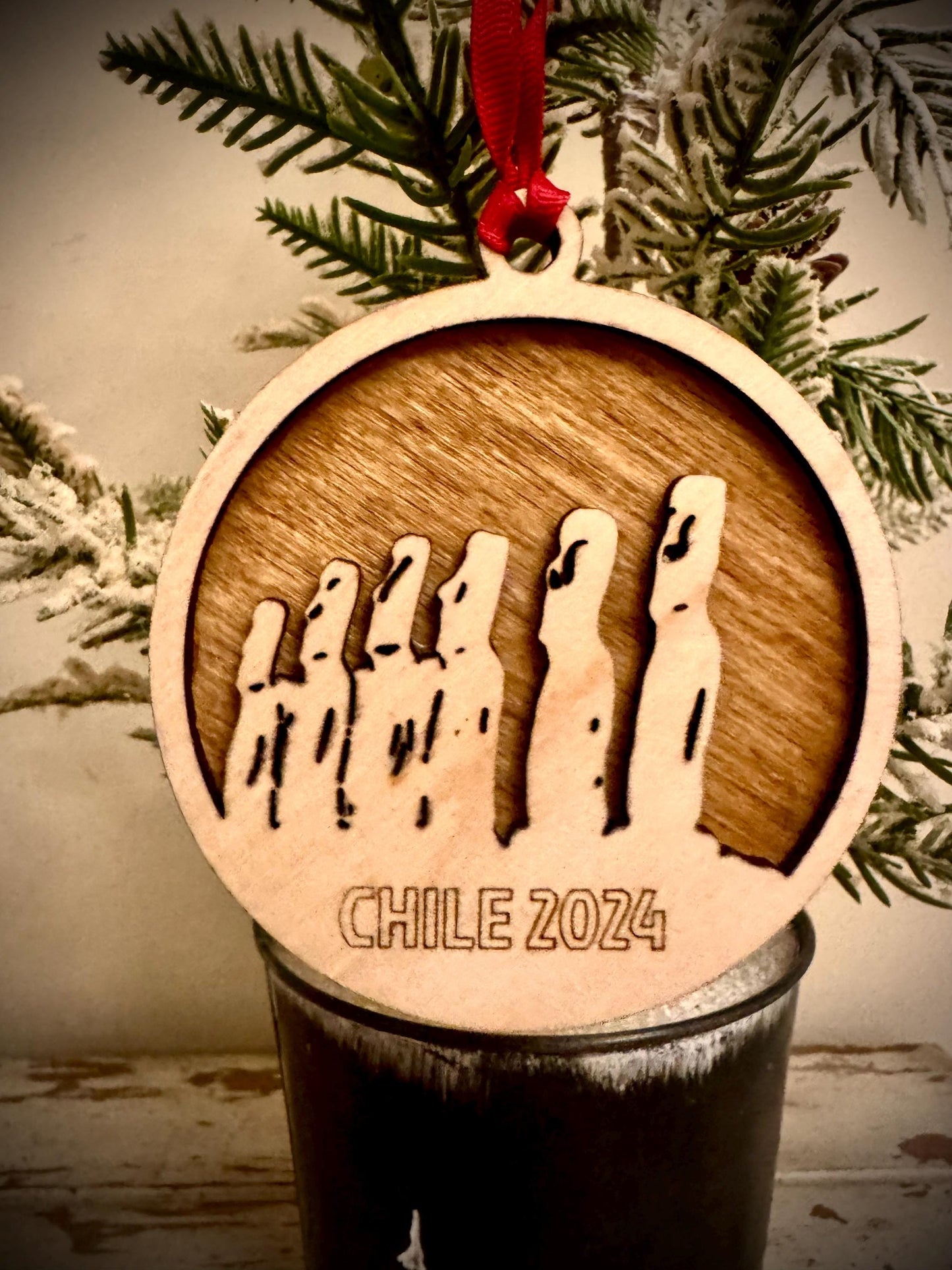 Easter Island Moai Statues Personalized 2-Layer Wood Christmas Ornament & Gift Tag | Multiple Finishes | Travel Gift