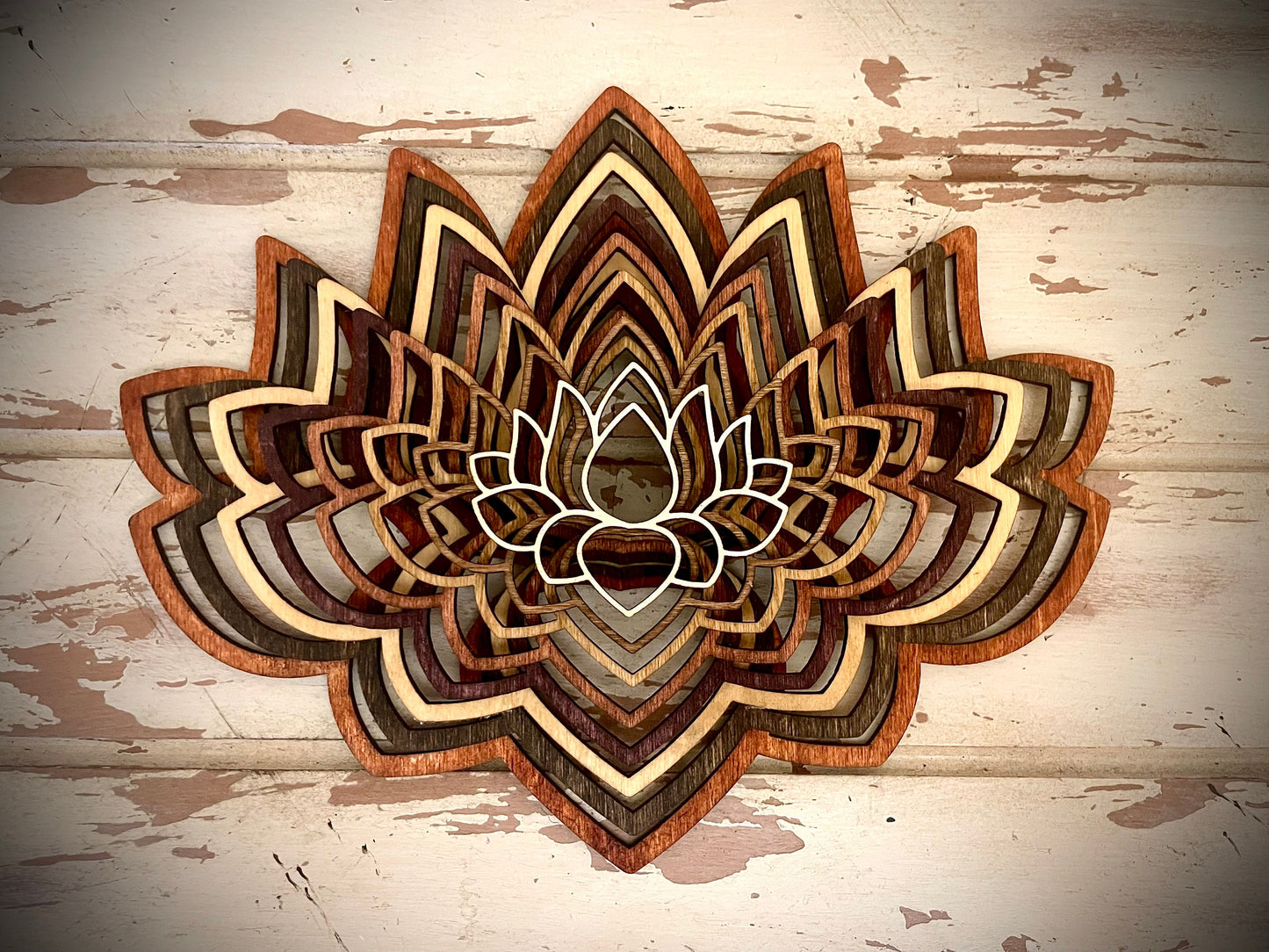 Boho Lotus Flower Mandala Stacked 3D Wood Table & Wall Art | 8 Layers | Brown or Gray Tones