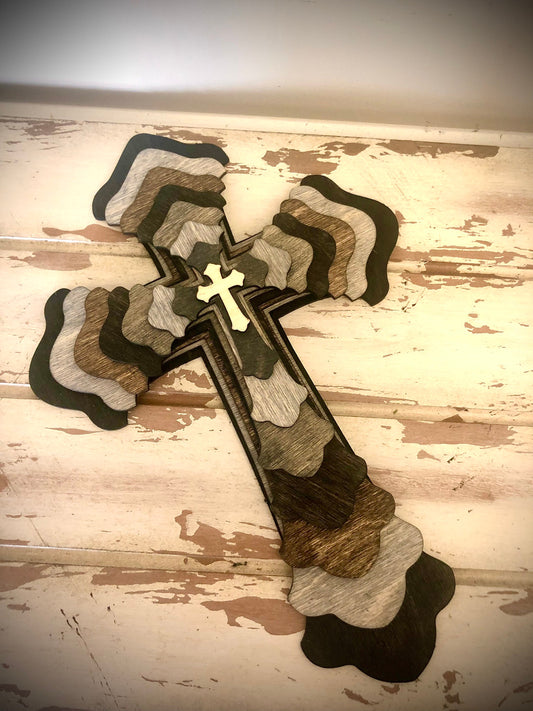 Ornate Stacked Cross 3D Wood Table & Wall Art | Multi-Color | Christian Gift