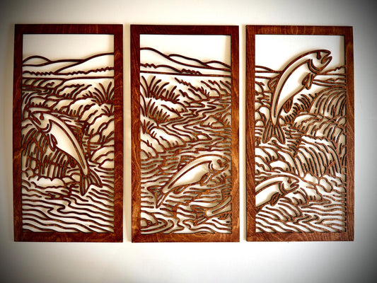 Salmon Migration Swimming Upstream Wood Wall Art | 3-Panel Set | Multiple Sizes & Finishes
