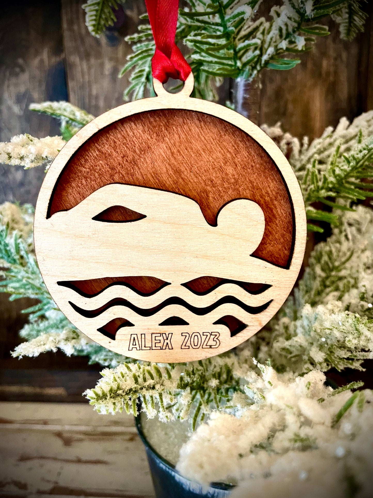 Swimmer Personalized 2-Layer Wood Christmas Ornament & Gift Tag | Multiple Finishes | Swimming Gift (#6)