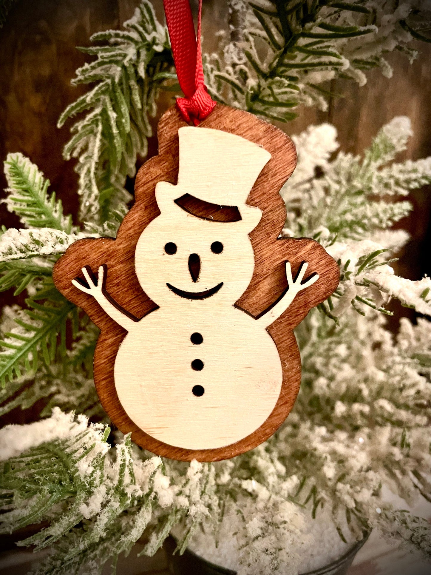 Snowman 2 layer laser cut wood Christmas ornament, gift tag available unfinished or stained