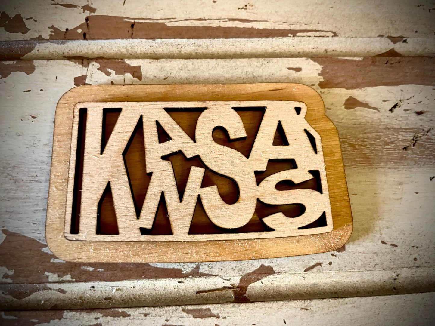 Kansas Word Art 2-Layer Wood Refrigerator Magnet | 12 Finishes | State Pride Gift
