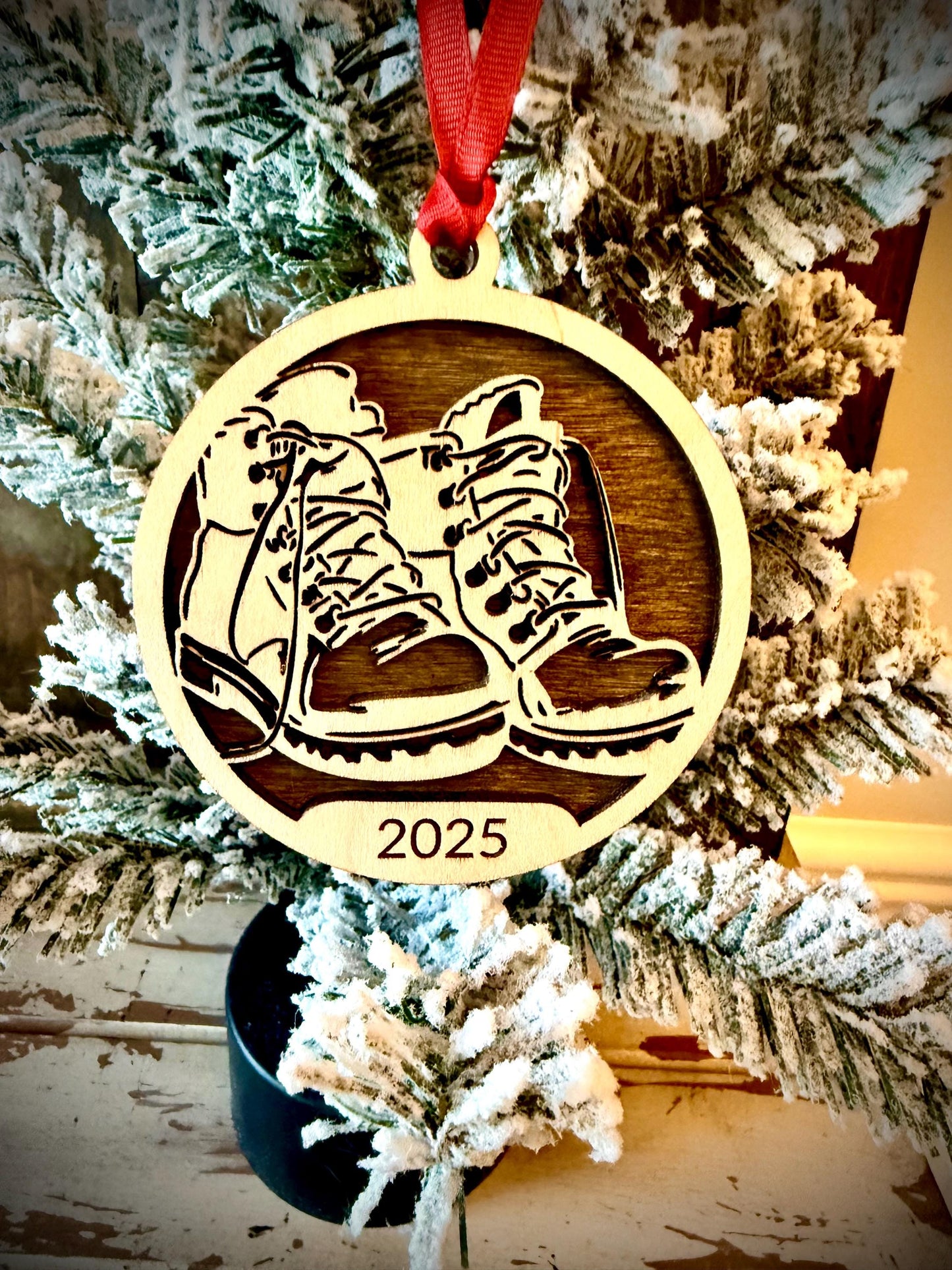 Hiking Boots Personalized 2-Layer Wood Christmas Ornament & Gift Tag | Multiple Finishes | Outdoor Gift