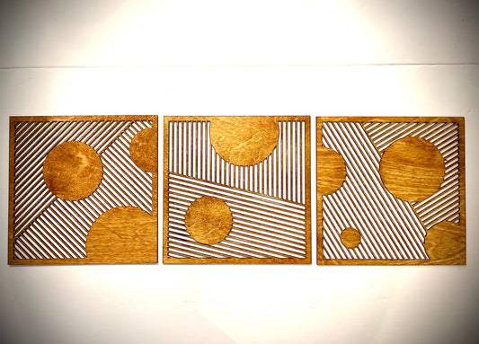 Boho Modern Galaxy wood wall art 3-panel set on a white wall, front view