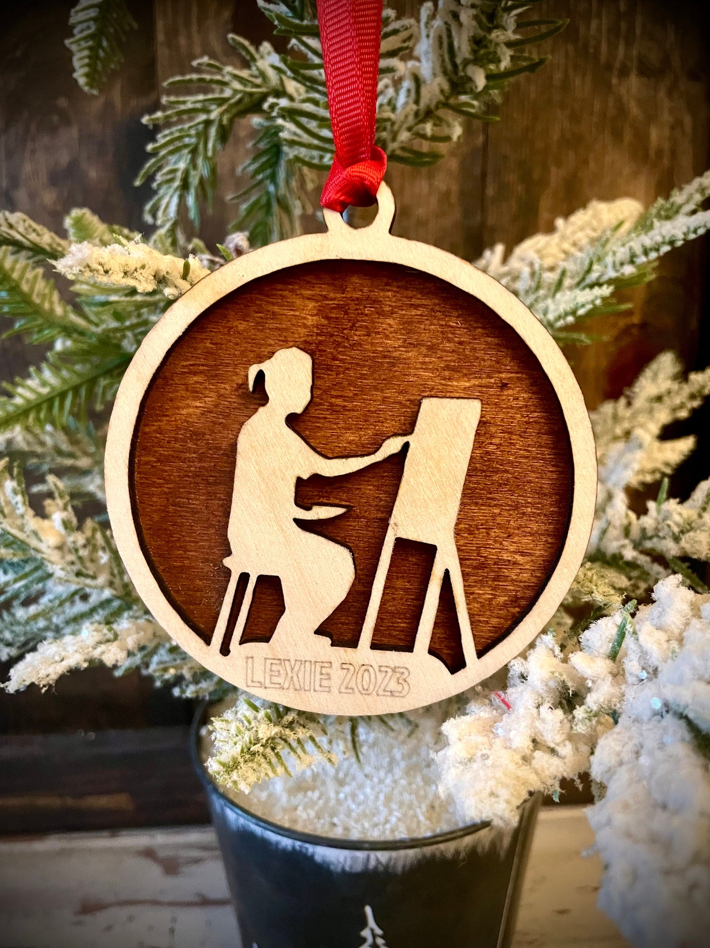 Female Artist Painting Canvas Personalized 2-Layer Wood Christmas Ornament & Gift Tag | Multiple Finishes | Art Lover Gift