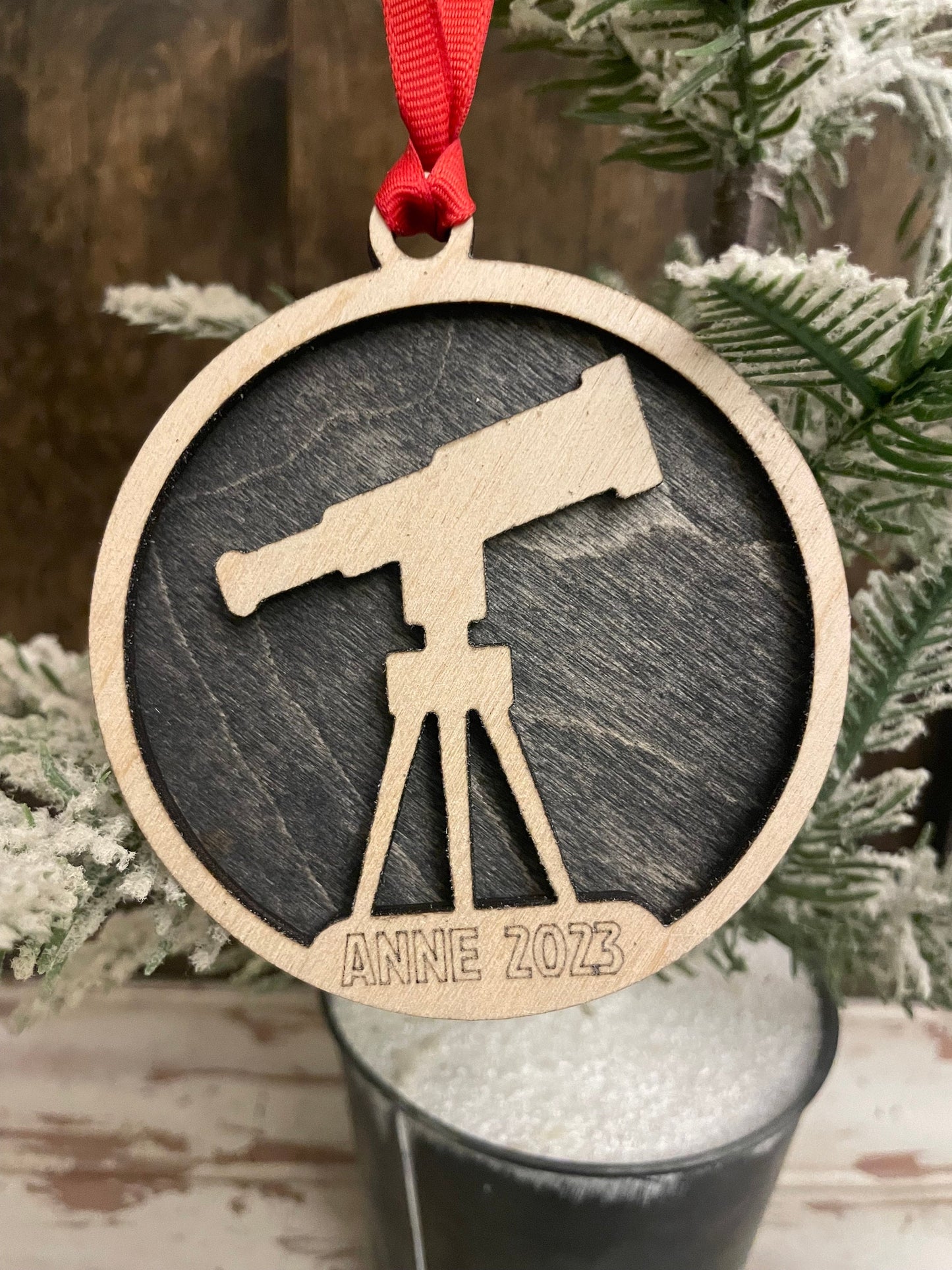 Telescope Astronomy Star Gazing Personalized 2-Layer Wood Christmas Ornament & Gift Tag | Multiple Finishes | Science Gift