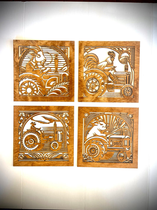 Whimsical Livestock Driving Tractors Wood Wall Art | Cow, Goat, Pig & Chicken | 4-Panel Set | Multiple Sizes & Finishes
