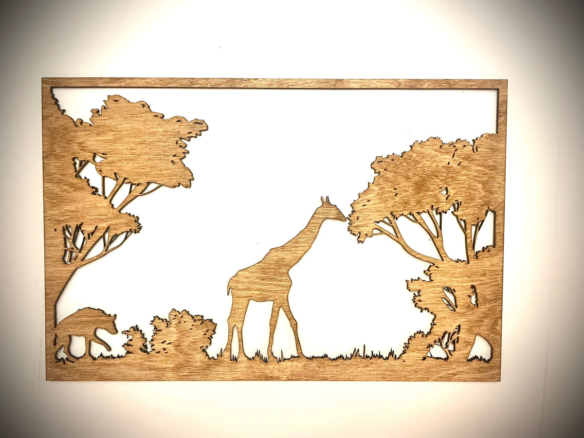 African & Jungle Wildlife Wood Wall Art | Elephant, Lion & Giraffe at Tree of Life | 3-Panel Set | Multiple Finishes