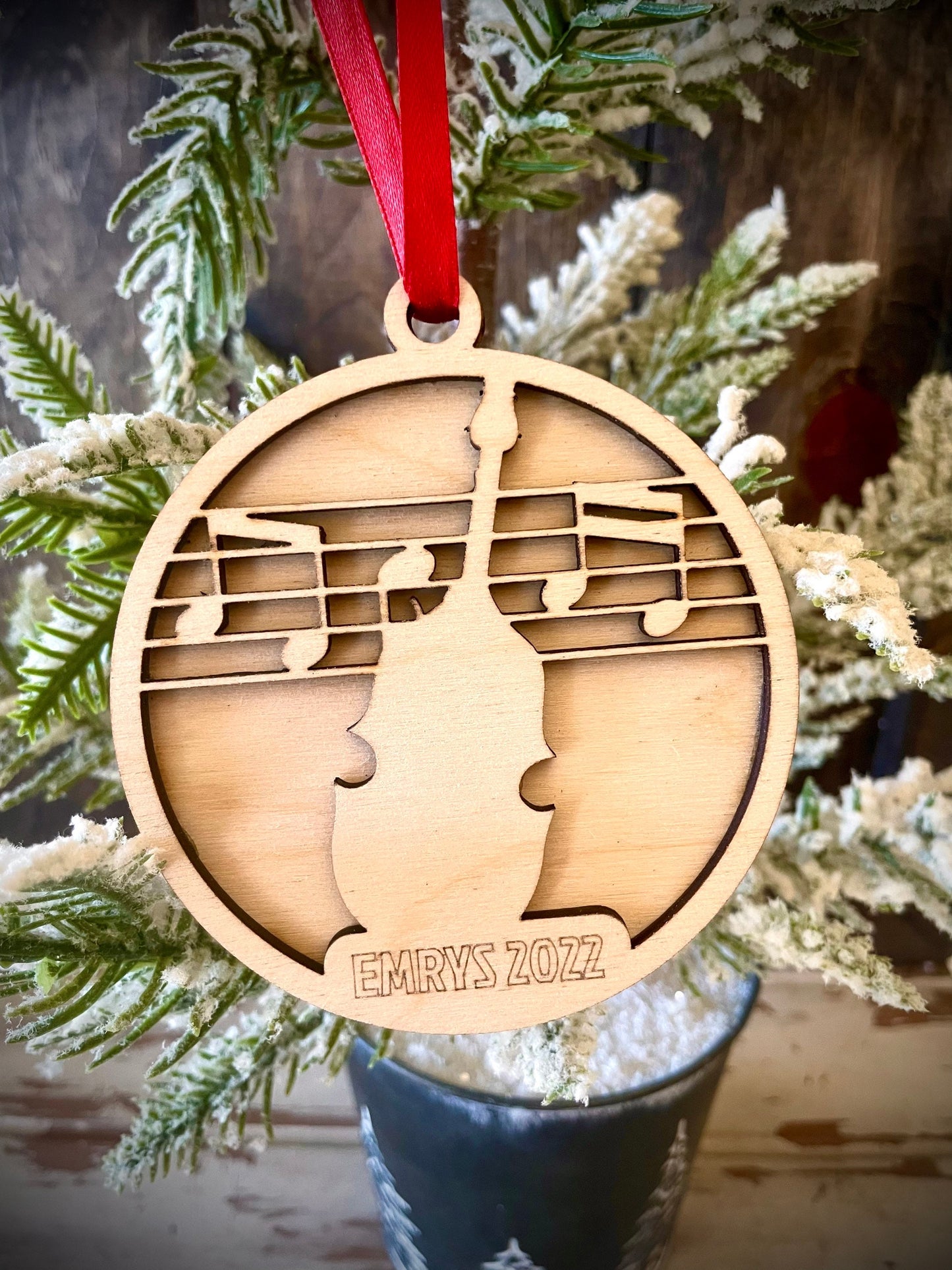 violin 2-layer personalized laser cut wood Christmas ornament, gift tag available unfinished or stained