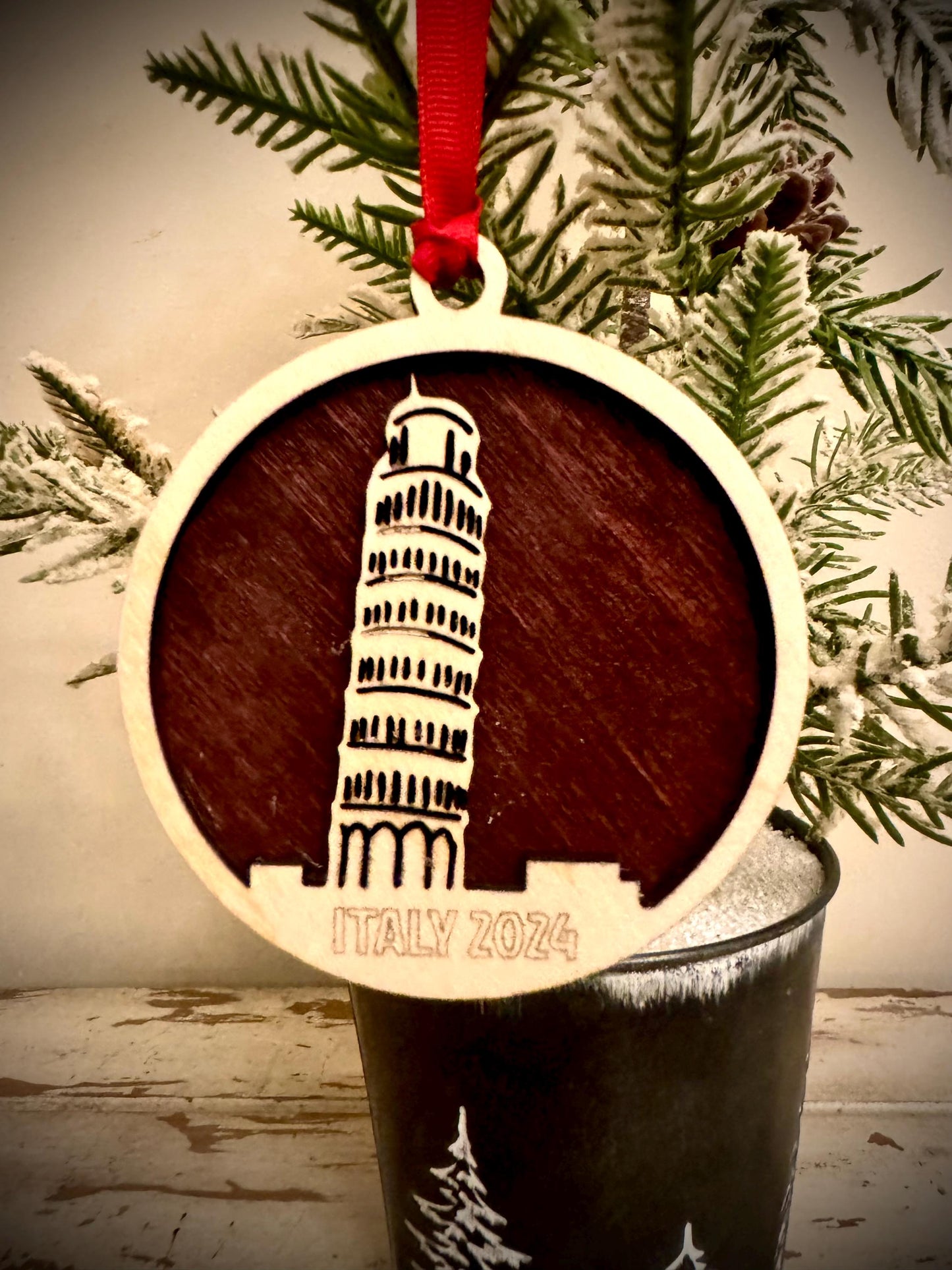Leaning Tower of Pisa Personalized 2-Layer Wood Christmas Ornament & Gift Tag | Multiple Finishes | Travel Gift