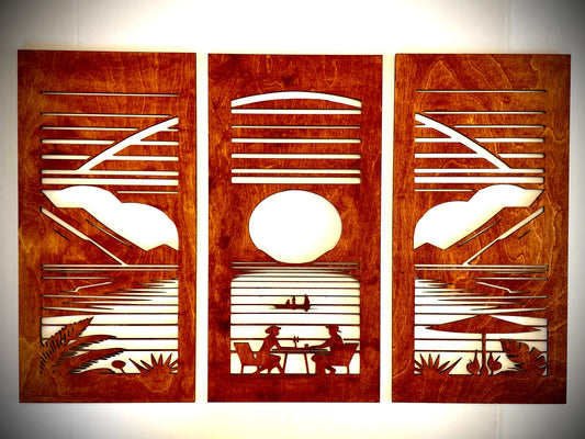 Mid Century Modern Waterfront Wood Wall Art | 3-Panel Set | Multiple Sizes & Finishes | Style F