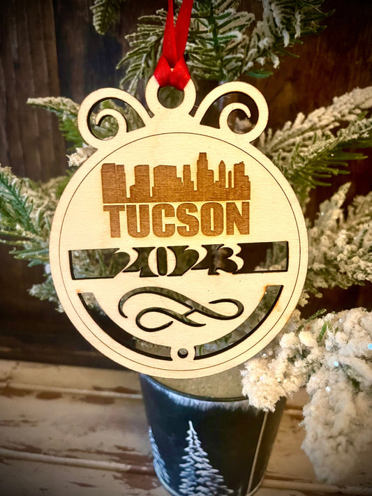 Tucson Skyline Wood Ornament | Choice of Year | 4" x 4.75" | Travel Souvenir Gift