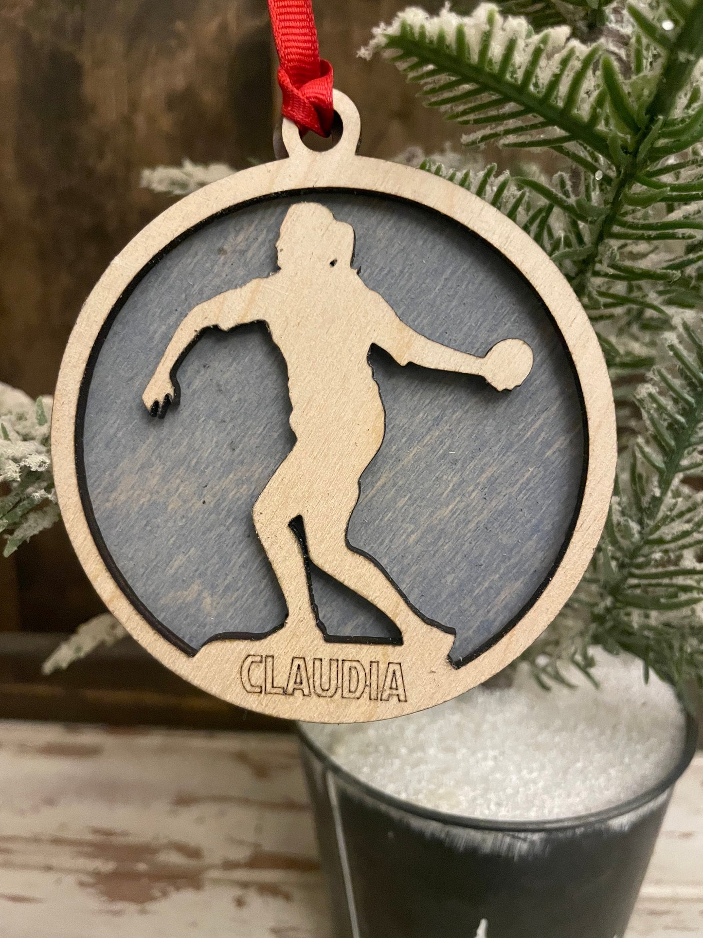 Female Shot Put Track & Field Personalized 2-Layer Wood Christmas Ornament & Gift Tag | Multiple Finishes | Track Gift
