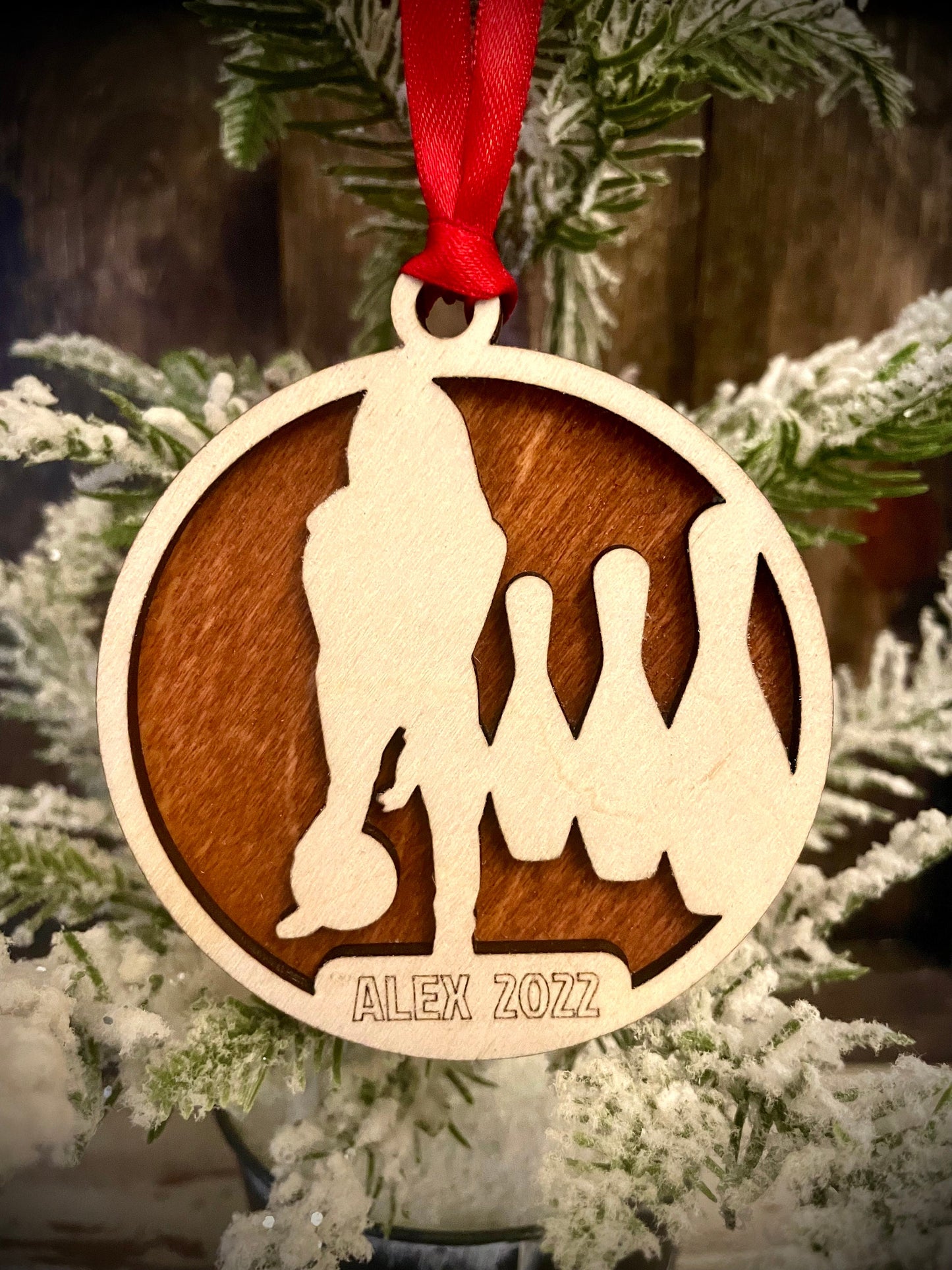 Bowling / Bowler Personalized 2-Layer Wood Christmas Ornament & Gift Tag | Multiple Finishes | Bowling Gift (#6)