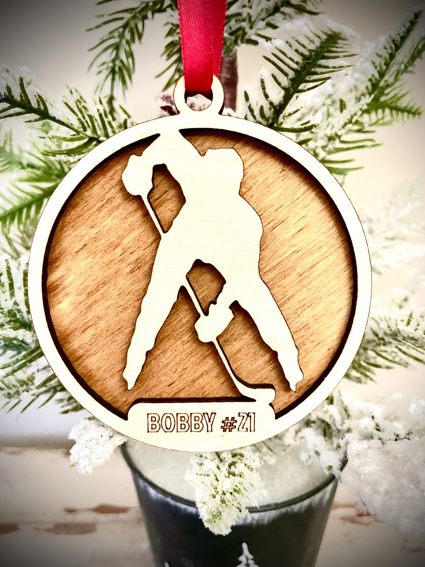Hockey Player Skater Personalized 2-Layer Wood Christmas Ornament & Gift Tag | Multiple Finishes | Hockey Gift (#8)
