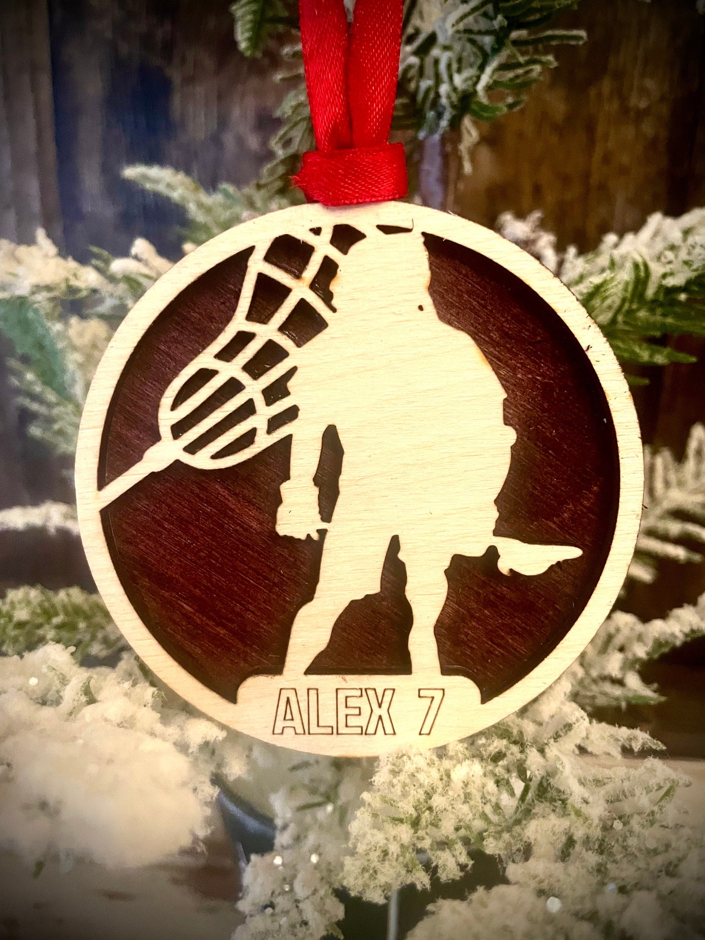 Lacrosse Player Personalized 2-Layer Wood Christmas Ornament & Gift Tag | Multiple Finishes | Lacrosse Gift (#2)
