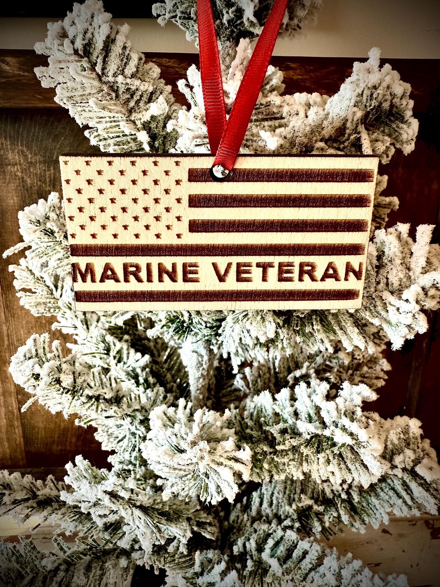 Marine Veteran Engraved US Flag Wood Ornament | Patriotic Gift | Military Gift
