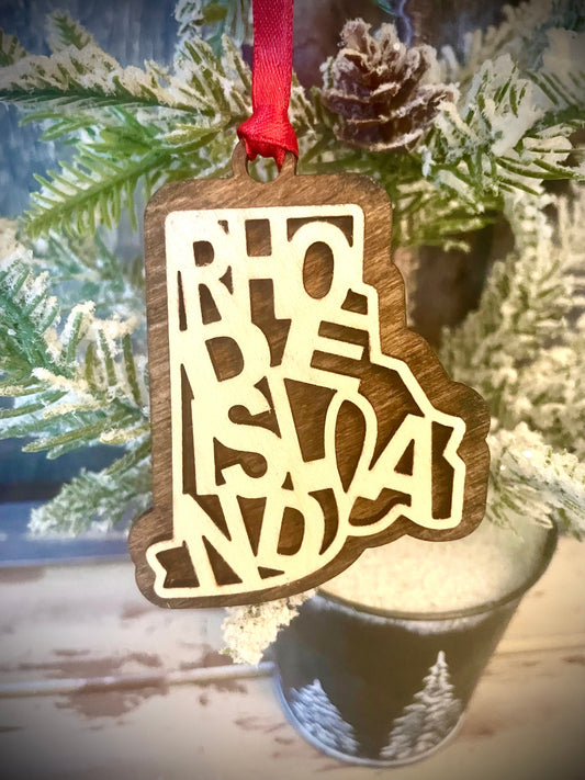 Rhode Island Word Art Wood Ornament & Gift Tag | 12 Finishes | State Pride Gift