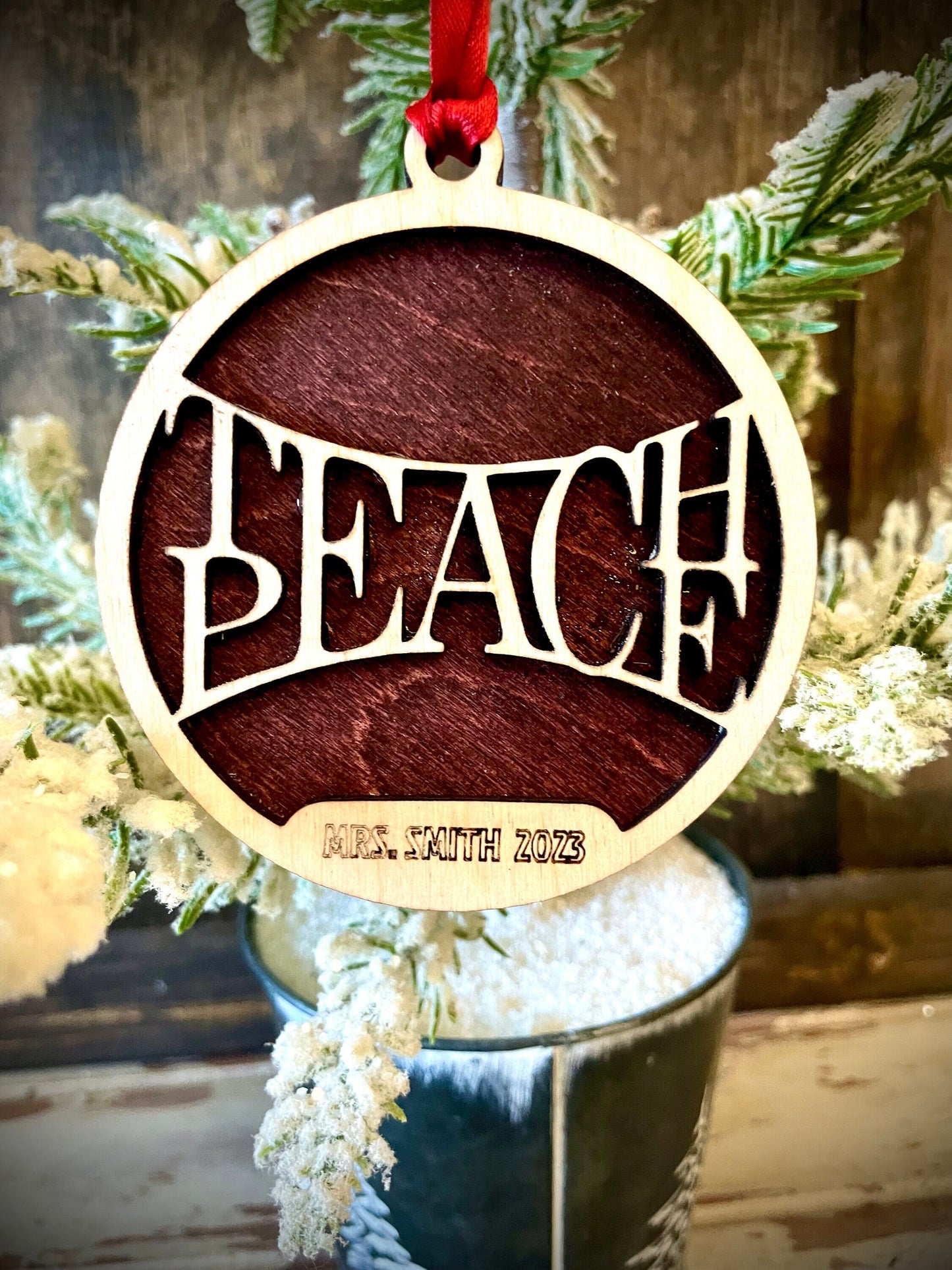 Teacher Teach Peace Personalized 2-Layer Wood Christmas Ornament & Gift Tag | Multiple Finishes | Teacher Gift