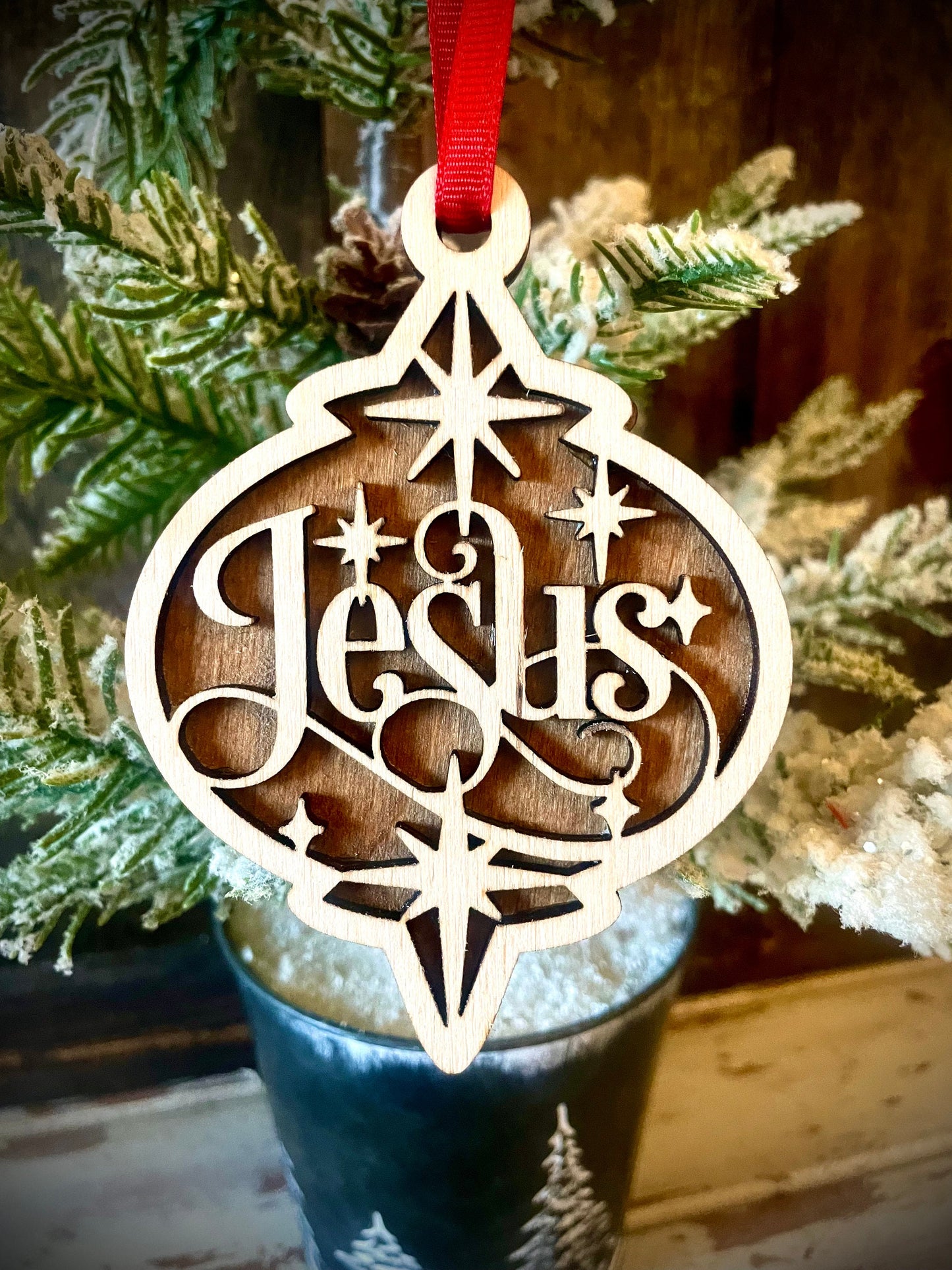 Script Jesus 2-Layer Wood Christmas Ornament & Gift Tag | Multiple Finishes | Religious Gift