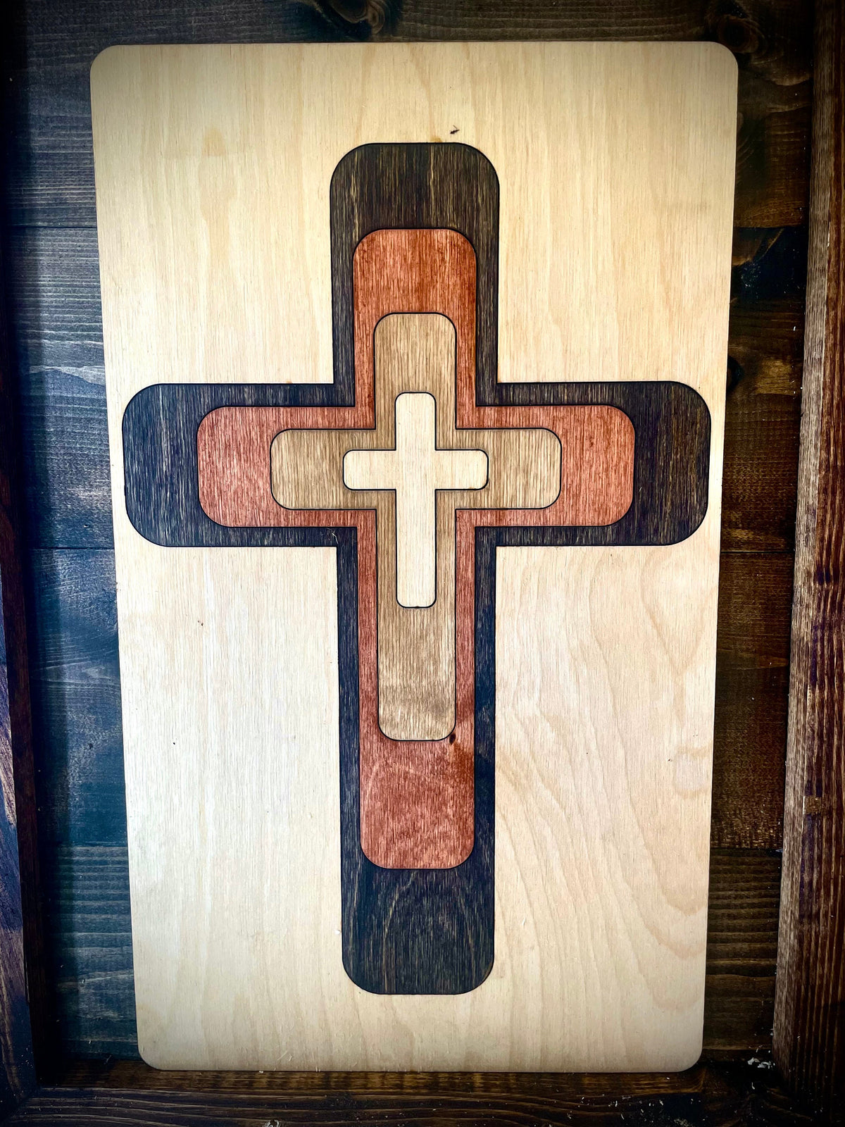 Cross Inlay Art Wood Panel | Table or Wall Art | Multi-Color | Christian Gift