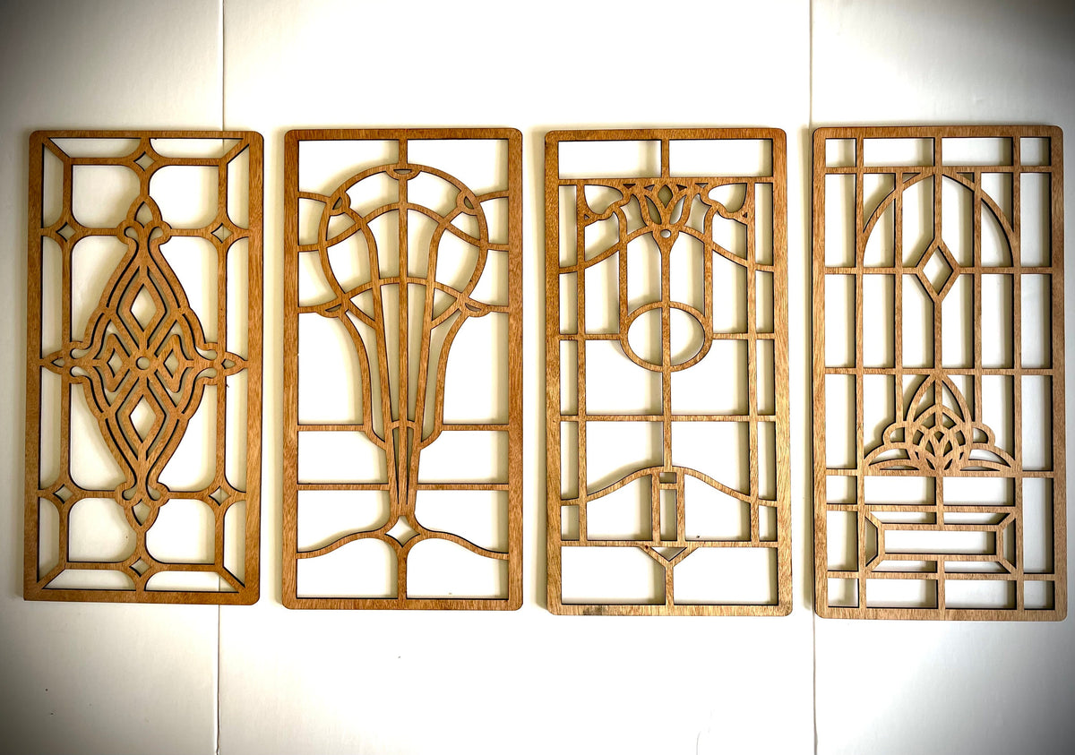 Boho Modern Art Nouveau Geometry Wood Wall Art | 4-Panel Set | Multiple Sizes & Finishes | Set A