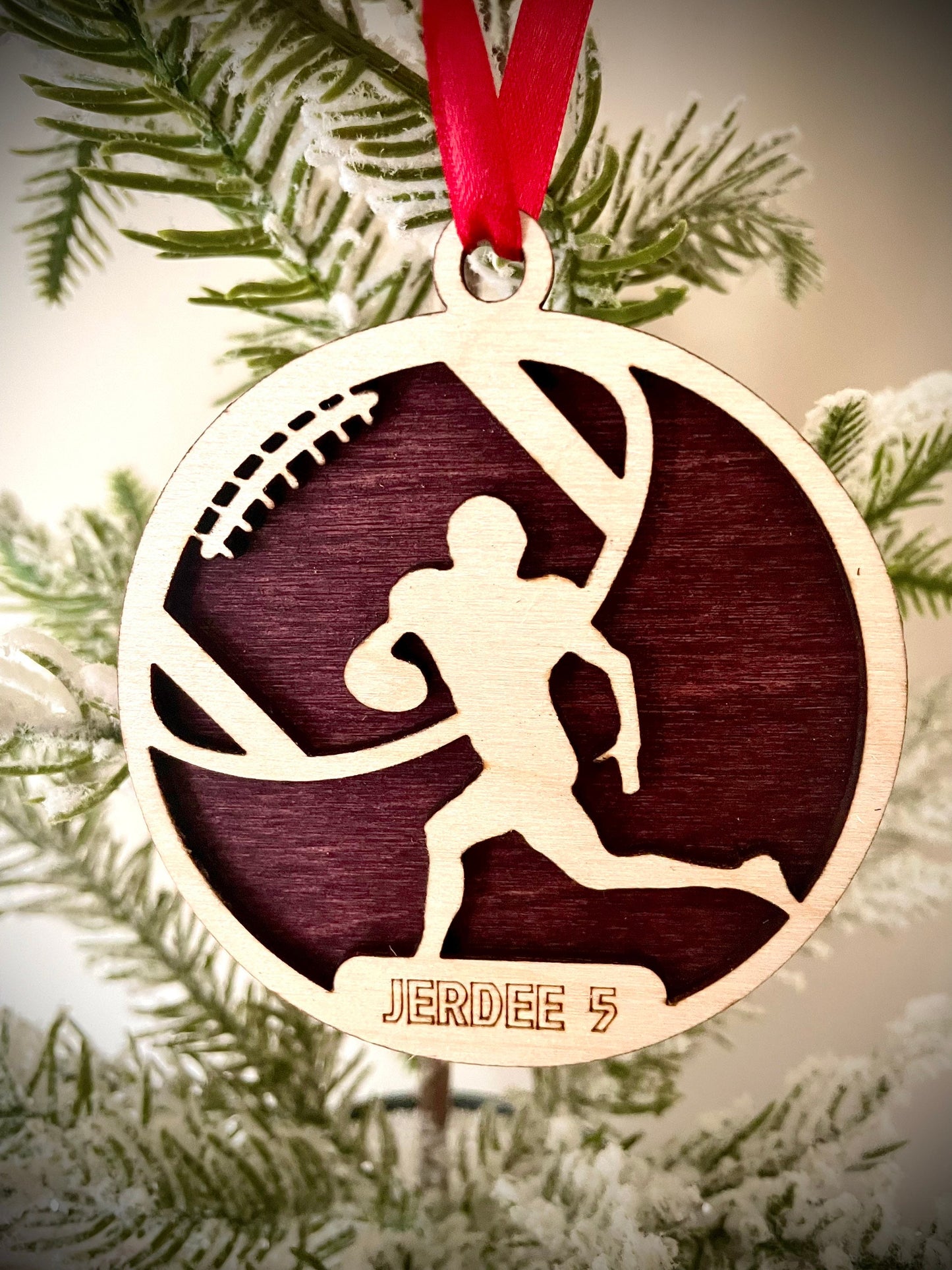 Football player 2-layer personalized laser cut wood Christmas ornament, football gift tag available unfinished or stained (version 12 of 16)