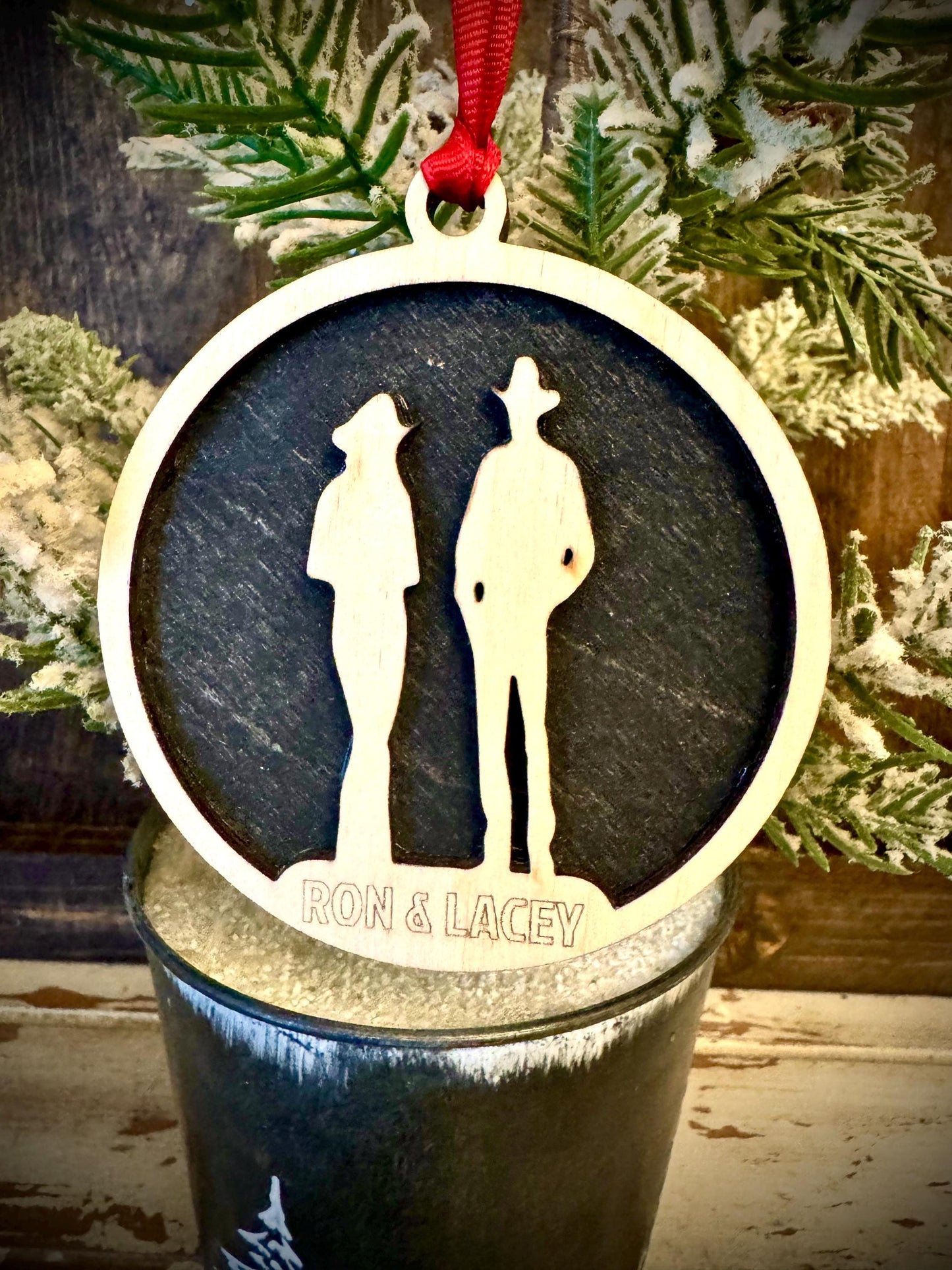 Cowboy & Cowgirl Personalized 2-Layer Wood Christmas Ornament & Gift Tag | Multiple Finishes | Western Gift