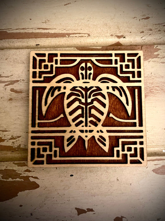 Boho Art Deco Sea Turtle 2-Layer Square Wood Magnet | 12 Finishes | Boho Gift