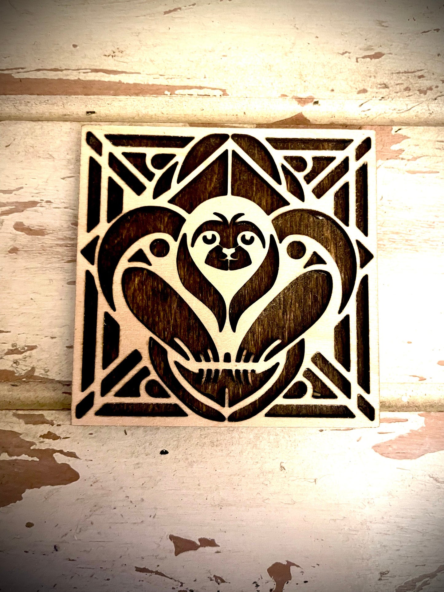 Boho Art Deco Sloth 2-Layer Square Wood Magnet | 12 Finishes | Boho Gift