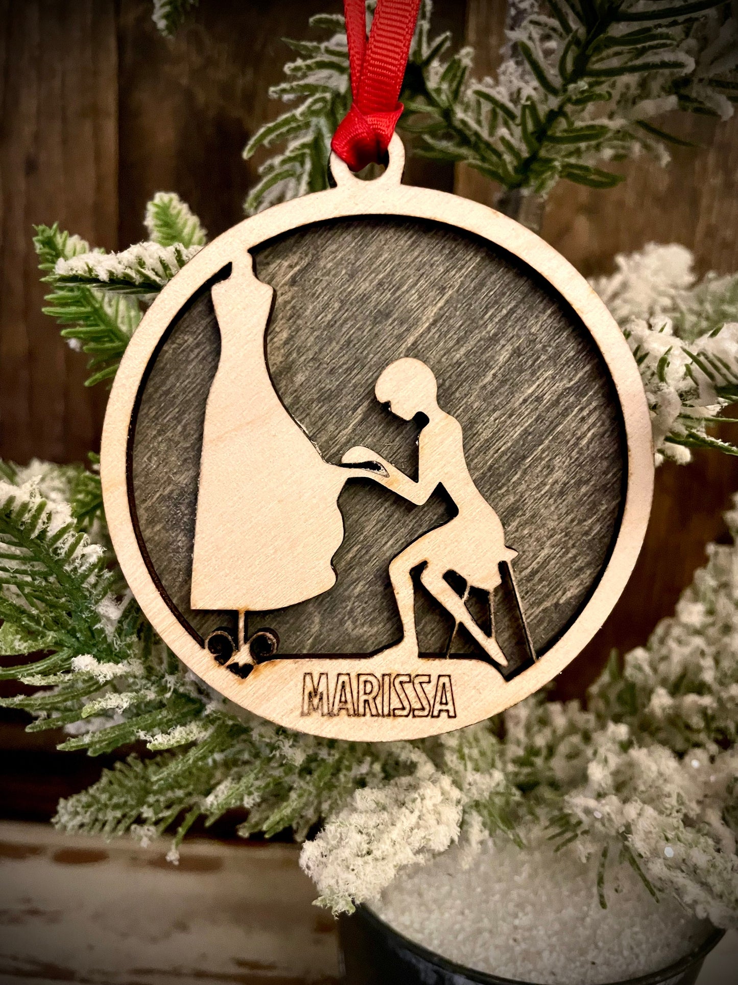 Seamstress Fashion Design Sewing 2-layer personalized laser cut wood Christmas ornament, gift tag available unfinished or stained.