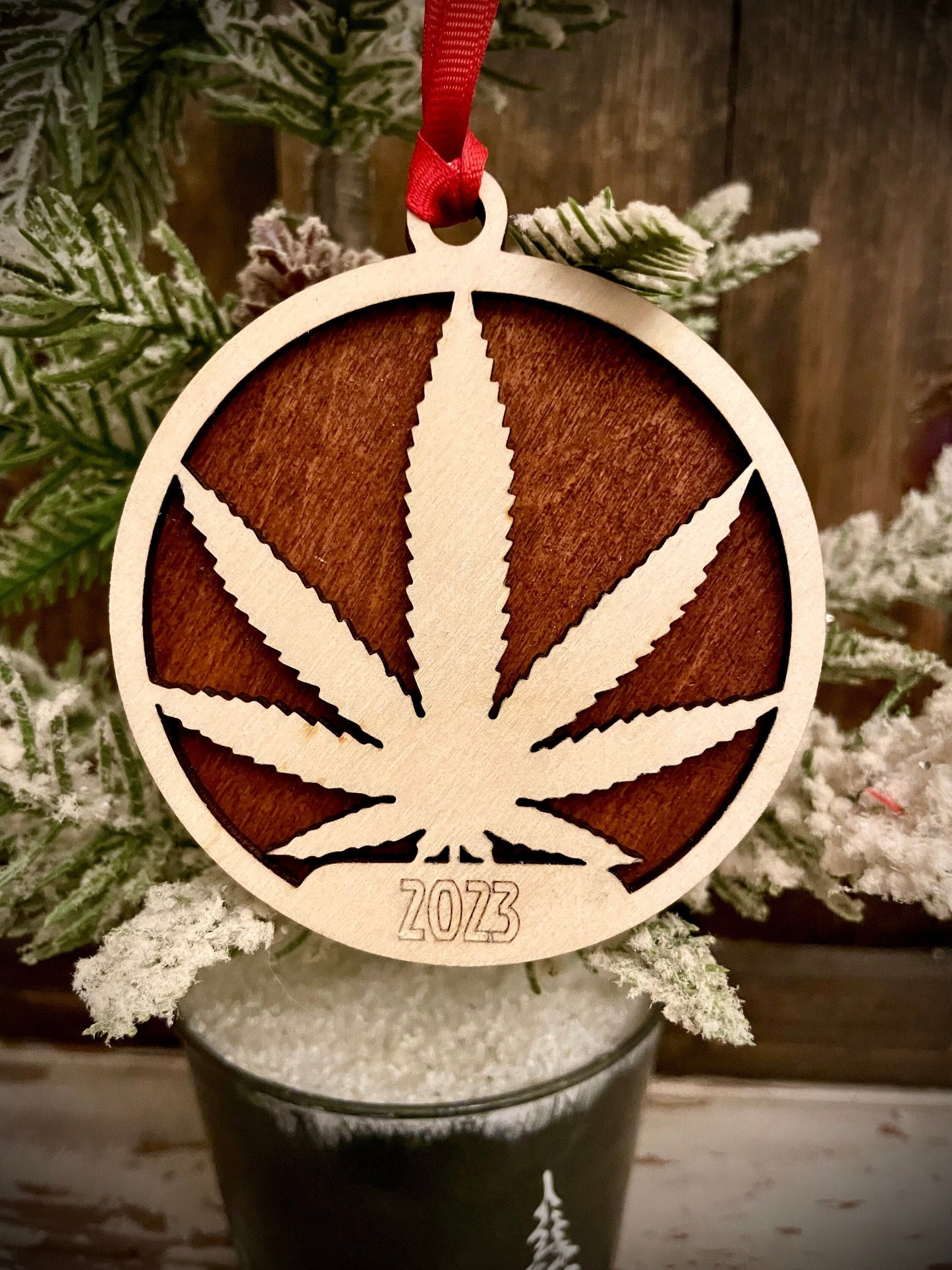 Cannabis Plant Leaves Personalized 2-Layer Wood Christmas Ornament & Gift Tag | Multiple Finishes | Cannabis Gift
