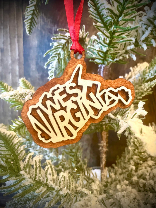 West Virginia Word Art Wood Ornament & Gift Tag | 12 Finishes | State Pride Gift