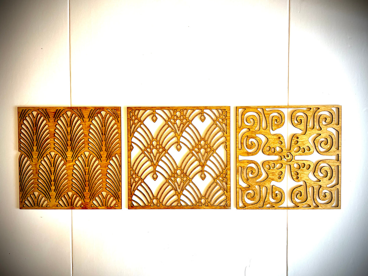 Boho Modern Art Nouveau Geometry wood wall art 3-panel set, Set B, in Golden Oak arranged in a row on a white wall