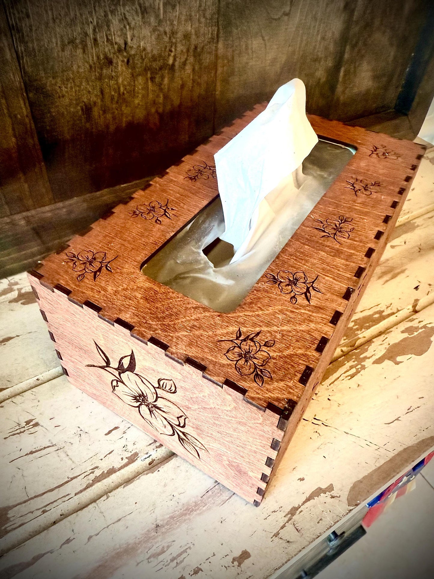 Dogwood Floral Engraved Wood Tissue Box Cover | Square, Oblong & Costco Sizes | 12 Finishes